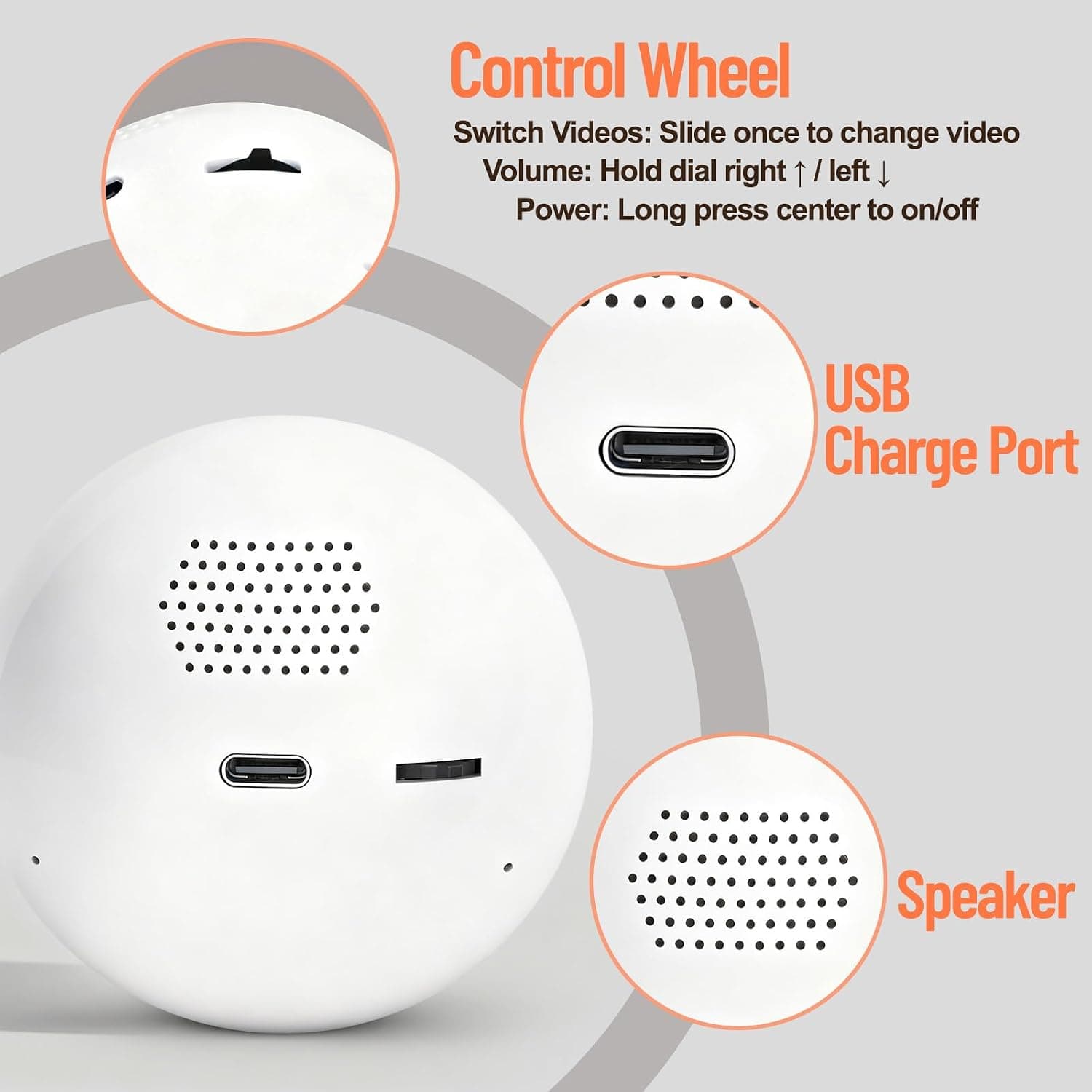 Illumina Orb controls: control wheel, USB-C charge port and speaker