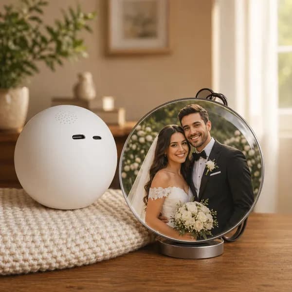 Illumina Orb on a side table playing a wedding photo